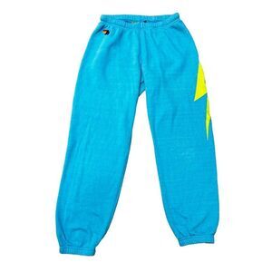 Aviator Nation Light Blue Turquoise Heather Sweatpants Yellow Lightening Bolt